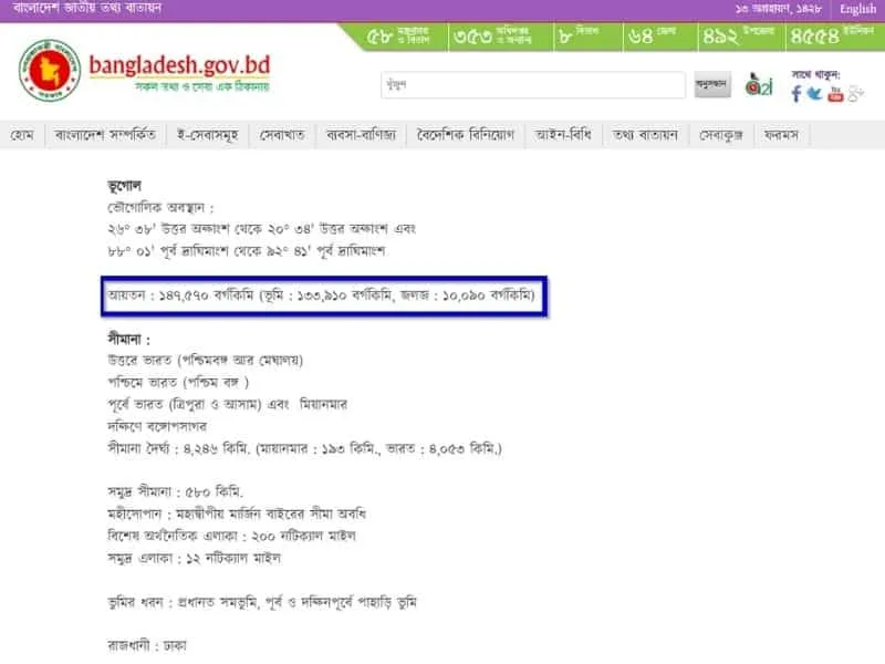সরকারি তথ্যানুযায়ী বাংলাদেশের আয়তন